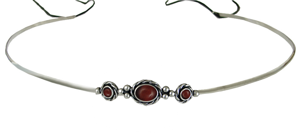 Sterling Silver Renaissance Style Exquisite Headpiece Circlet Tiara With Red Tiger Eye
